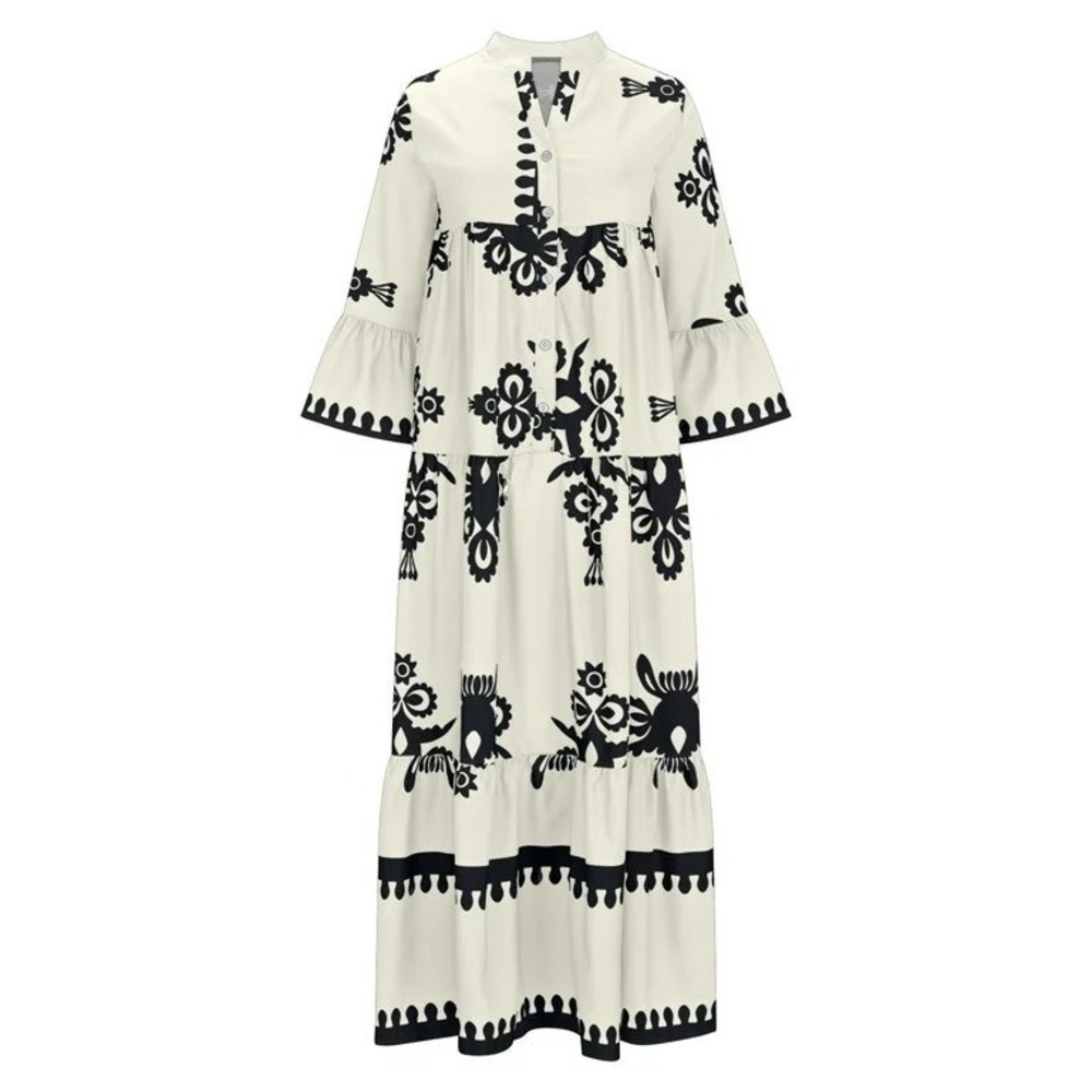 Boho Floral Folk Art Maxi Dress Cream Black Tiered‎ Bell Sleeve Womens Large